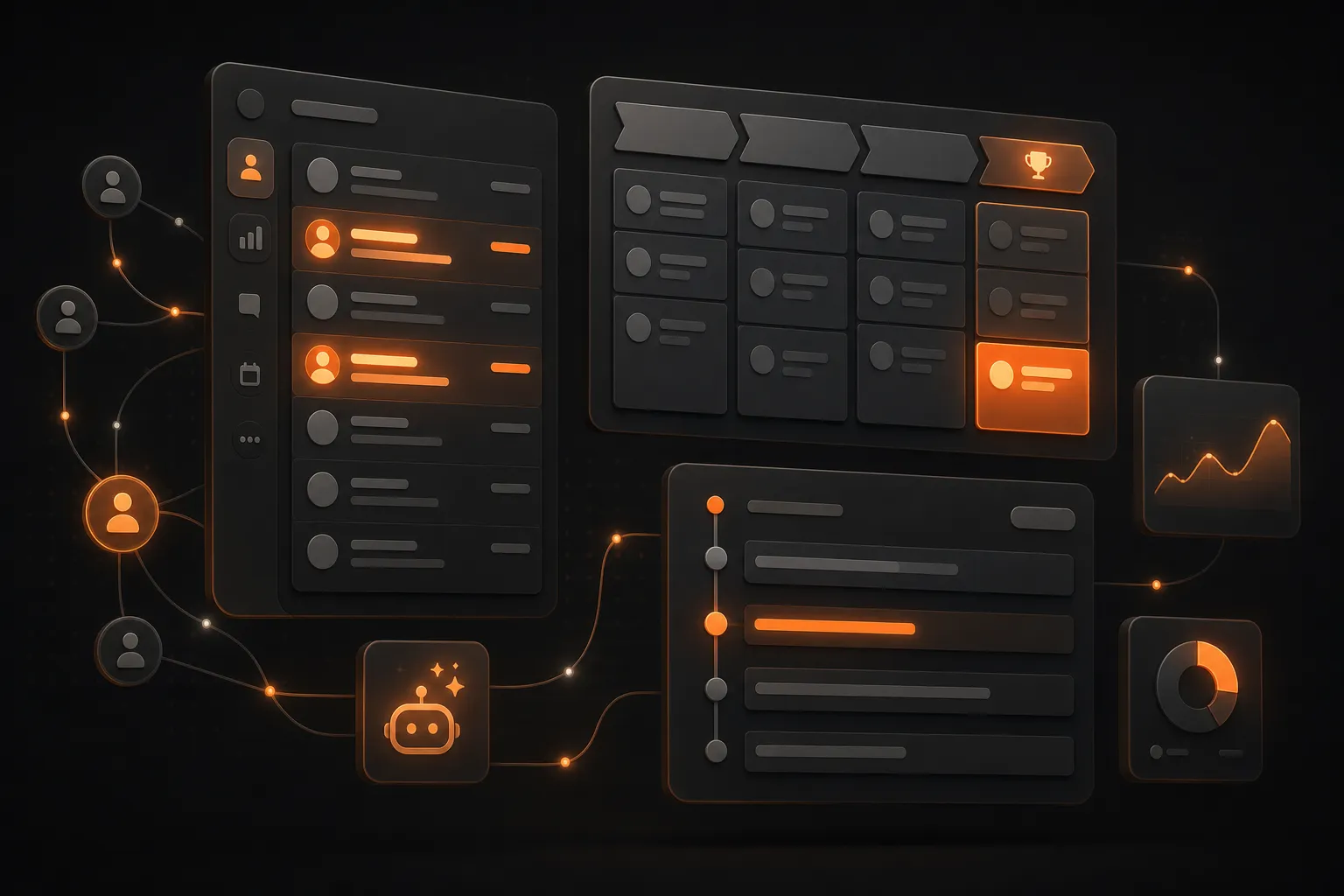 A CRM dashboard on a dark background showing a contact list with orange-highlighted contacts, a deal pipeline with a won deal glowing orange, an activity timeline, and a network of connection lines