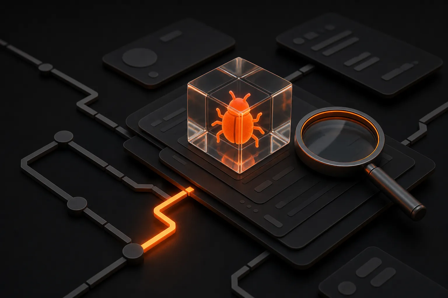 An orange bug icon trapped in a glass cube, a magnifying glass beside it, on a dark background with broken connection lines glowing orange
