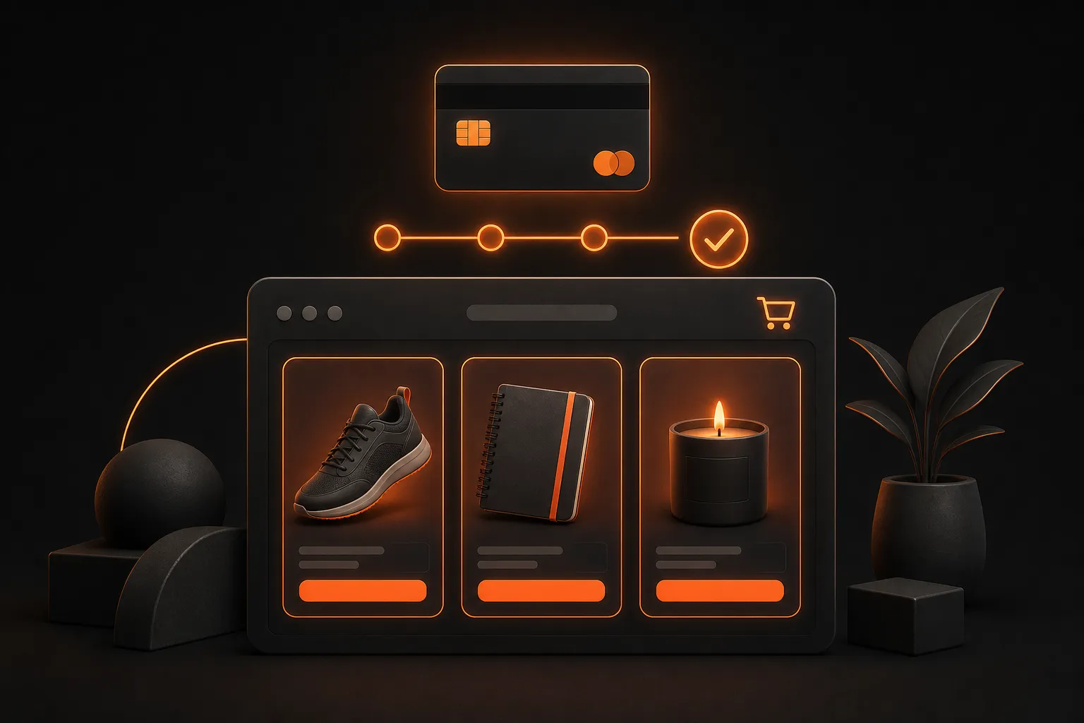 A small e-commerce store with three orange-highlighted product cards (sneaker, notebook, candle), a 3-step checkout flow with a checkmark, and a credit card icon floating above on a dark background