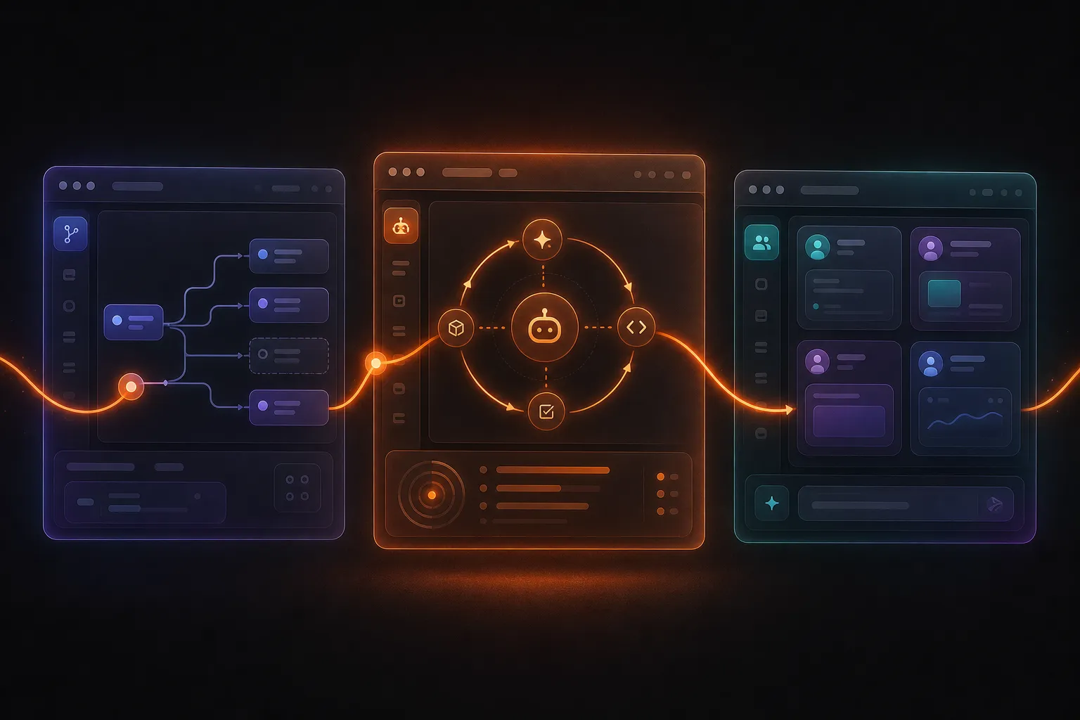 Three glowing IDE editor windows side by side connected by an orange thread, the middle one glowing orange, representing three agentic coding tools