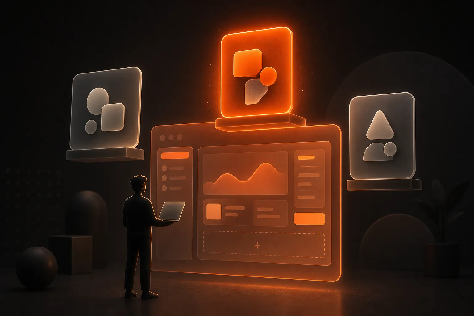 A non-technical person silhouette holding a laptop, standing in front of a large glowing orange app interface, with two muted gray app-builder cards on either side
