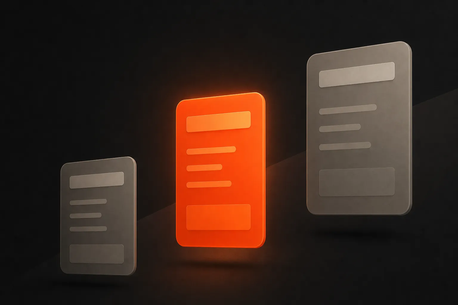 Three abstract pricing tier cards of increasing size, the middle one glowing warm orange