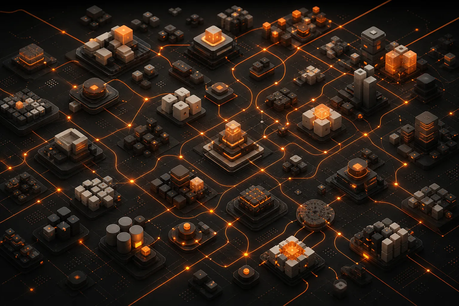 An abstract market landscape of glowing orange nodes connected by warm light on a dark background