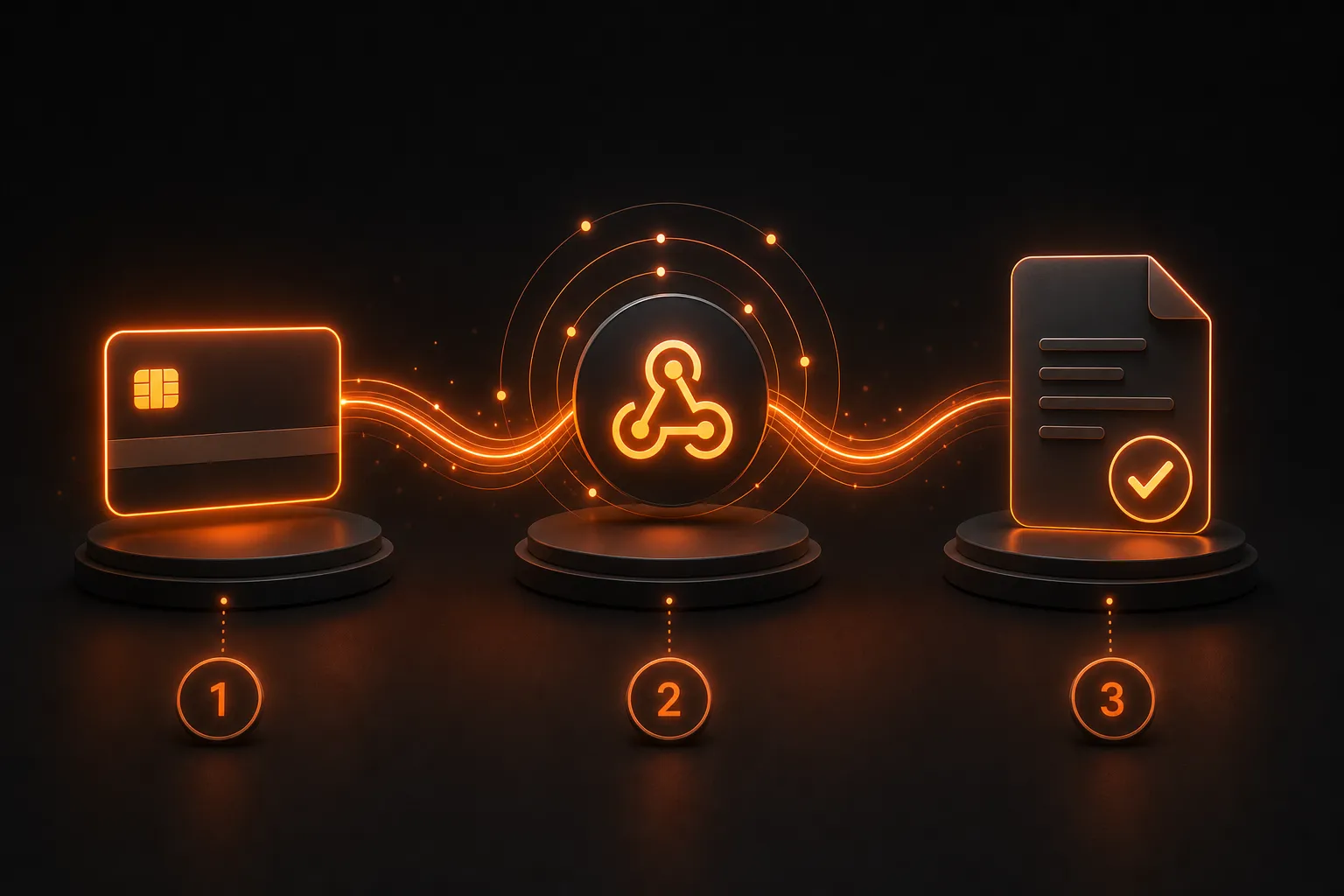 Three glowing orange pedestals showing a credit card, a webhook signal, and a subscription receipt with a checkmark, connected by flowing orange light