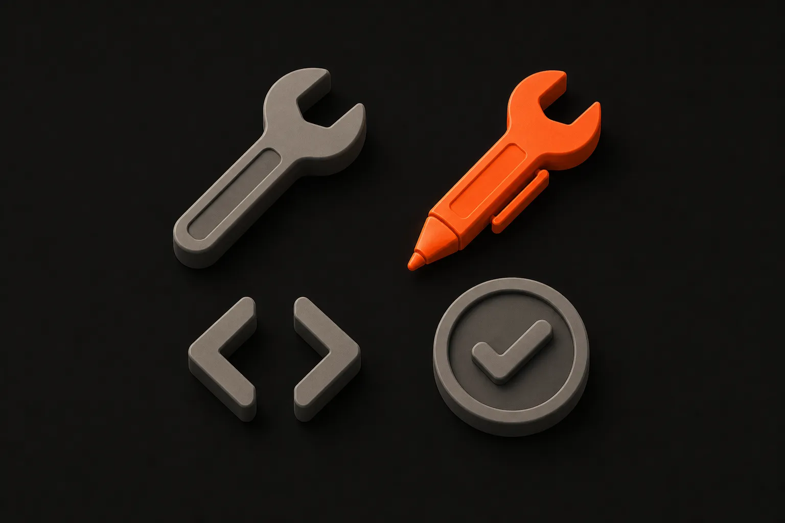 An arrangement of three tool icons — wrench, code brackets, checkmark — with one in warm orange